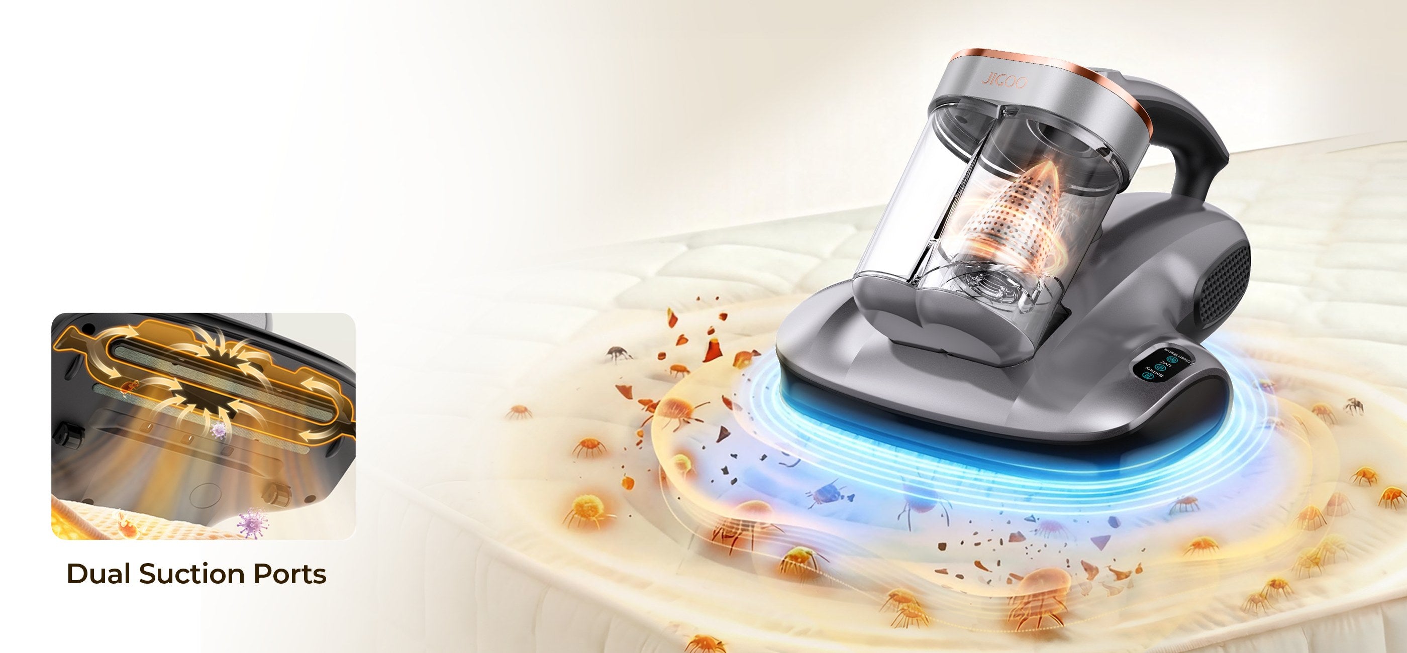 JIGOO S100 Cordless Smart Dual-Cup Mattress Vacuum Cleaner