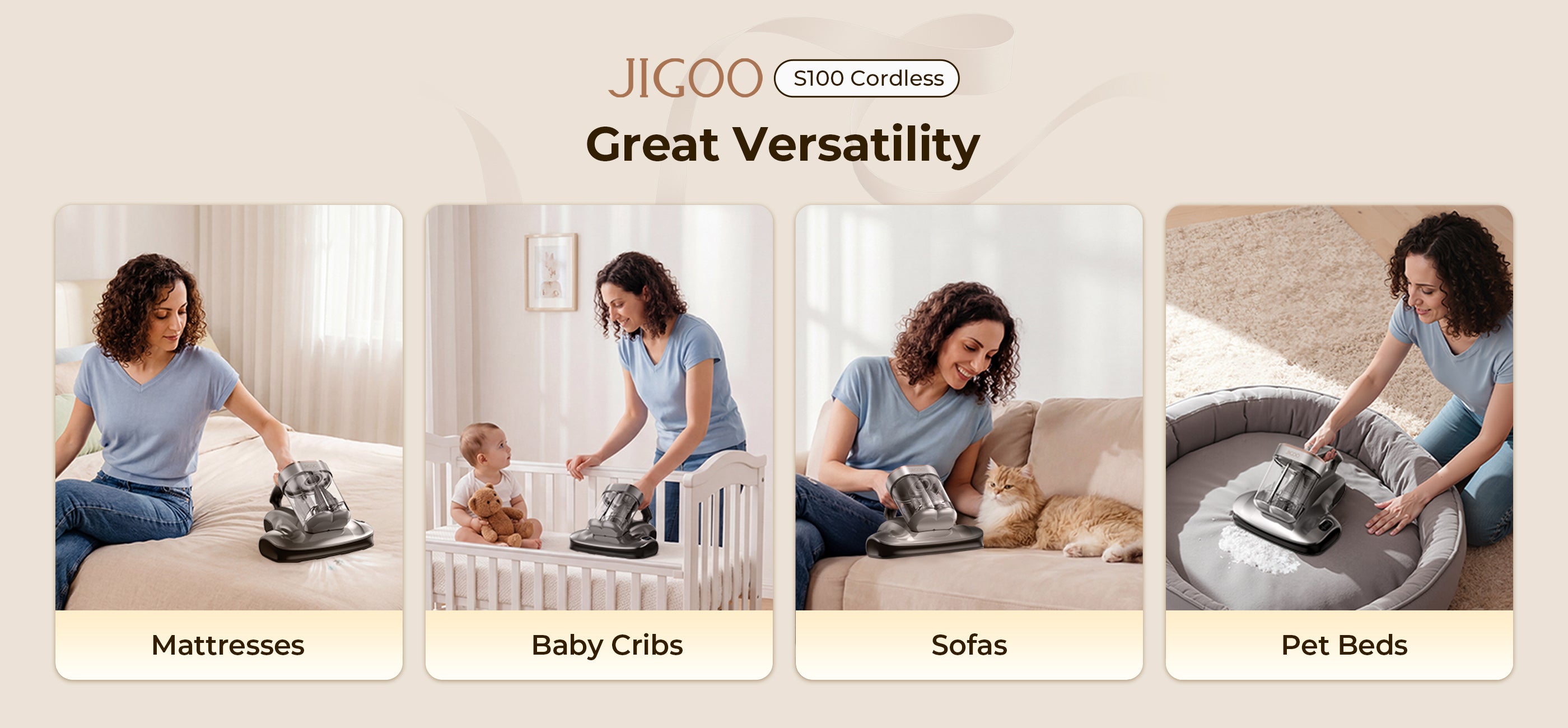 JIGOO S100 Cordless Smart Dual-Cup Mattress Vacuum Cleaner